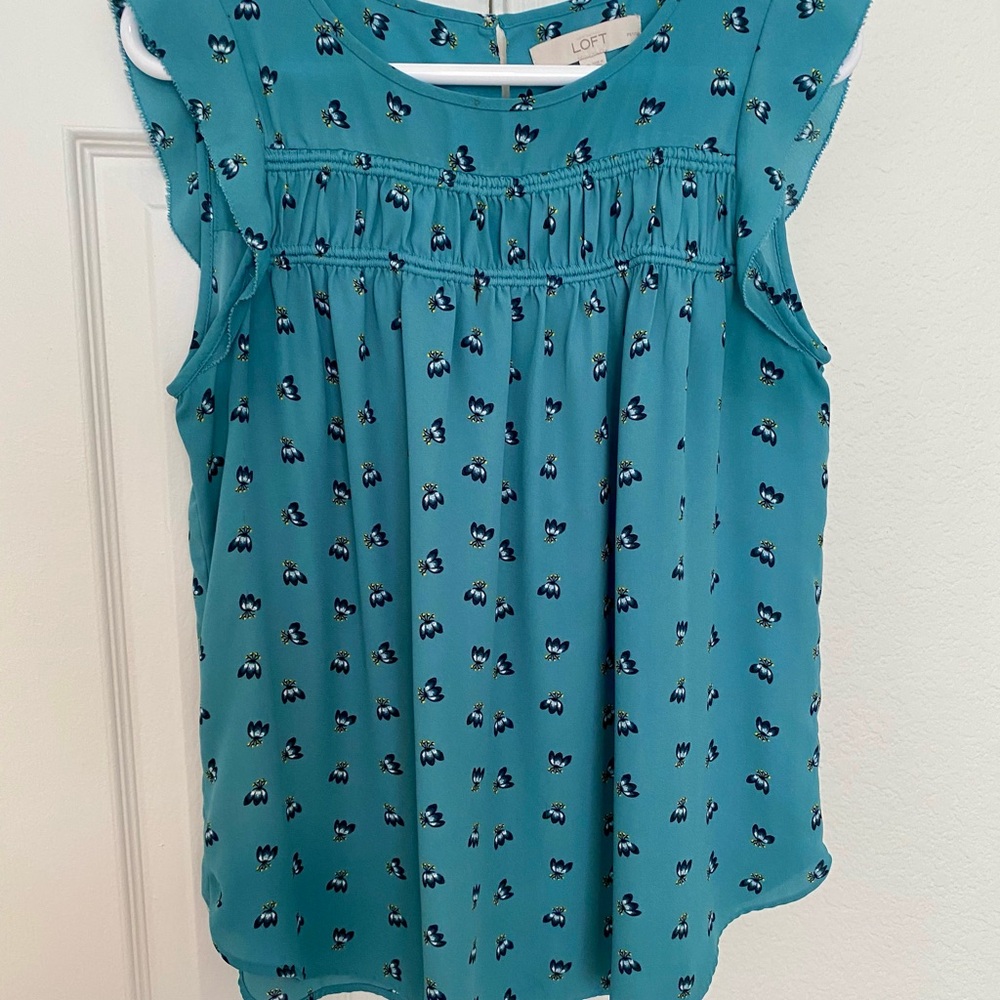 LOFT Blue Flutter Sleeve Smocked Blouse